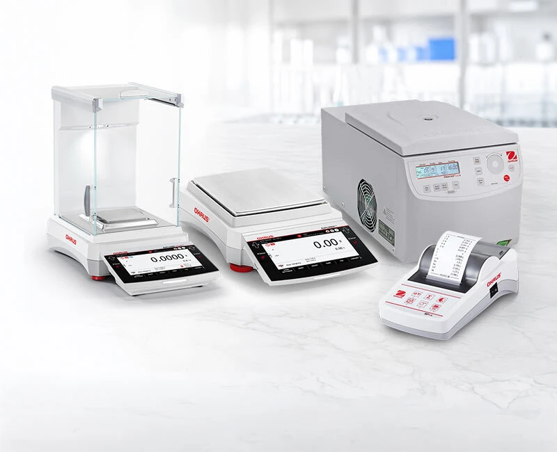 OHAUS Explorer balance, printer, Frontier micro centrifuge and Vortex-Genie 2