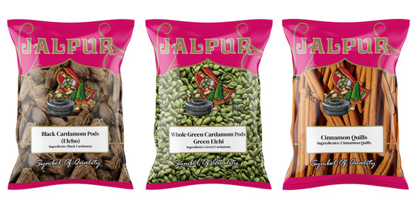 Jalpur Millers Spice Combo Pack - Black Cardamom Pods 50g - Green Cardamom Pods 100g - Cinnamon Quills 100g (3 Pack)