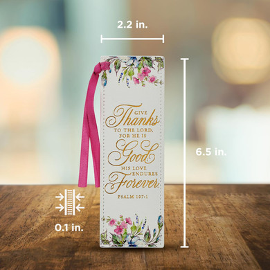 Christian Art Gifts Premium Vegan Leather Scripture Bookmark for Women: Give Thanks - Ps. 107:1 Inspirational Bible Verse, Creamy Floral