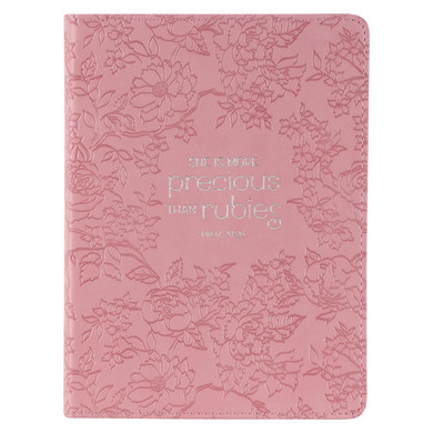 Christian Art Gifts Strawberry Pink Floral Vegan Leather Small Journal Inspirational Scripture Women's Notebook More Precious Than Rubies Bible Verse