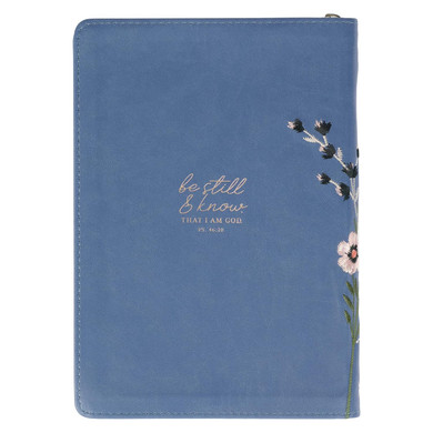 Classic Faux Leather Journal Be Still & Know Psalm 46:10 Blue Floral Embroidered Inspirational Notebook