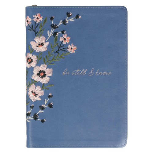 Classic Faux Leather Journal Be Still & Know Psalm 46:10 Blue Floral Embroidered Inspirational Notebook