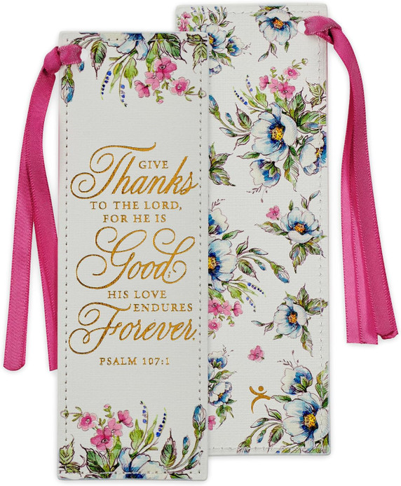 Christian Art Gifts Premium Vegan Leather Scripture Bookmark for Women: Give Thanks - Ps. 107:1 Inspirational Bible Verse, Creamy Floral