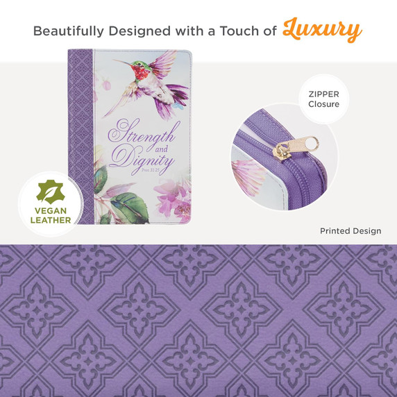 Christian Art Gifts Vegan Leather Zipped Journal, Inspirational Women's Notebook Strength and Dignity Scripture