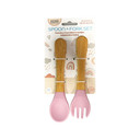 Cuchara y Tenedor de Silicona para-Infantes, Mango de Madera