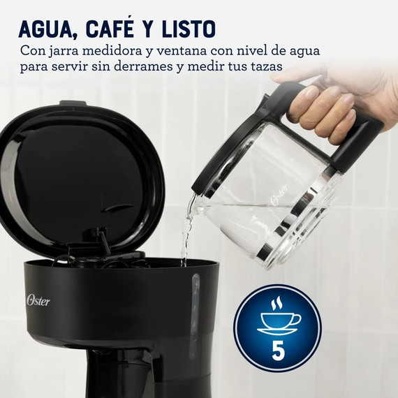 Cafetera, 5 Tazas de Capacidad, con Filtro Reutilizable, Botón con Luz de Encendido y Apagado, Color Negro, Oster