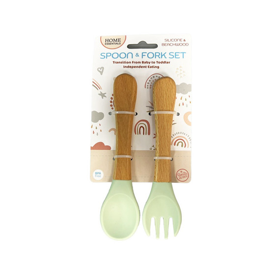 Cuchara y Tenedor de Silicona para-Infantes, Mango de Madera