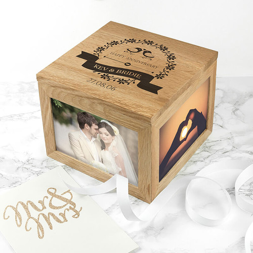 Personalised Love Birds' Oak Photo Keepsake Box