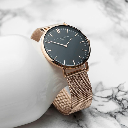 Personalised Rose Gold Mesh Strapped Watch - Black Dial