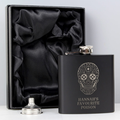 Personalised Sugar Skull Black Hip Flask