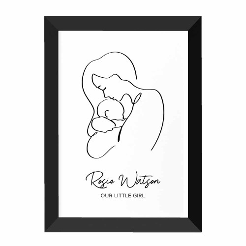 Personalised Line Art New Mum and Baby's Love Print - A4 Black Frame