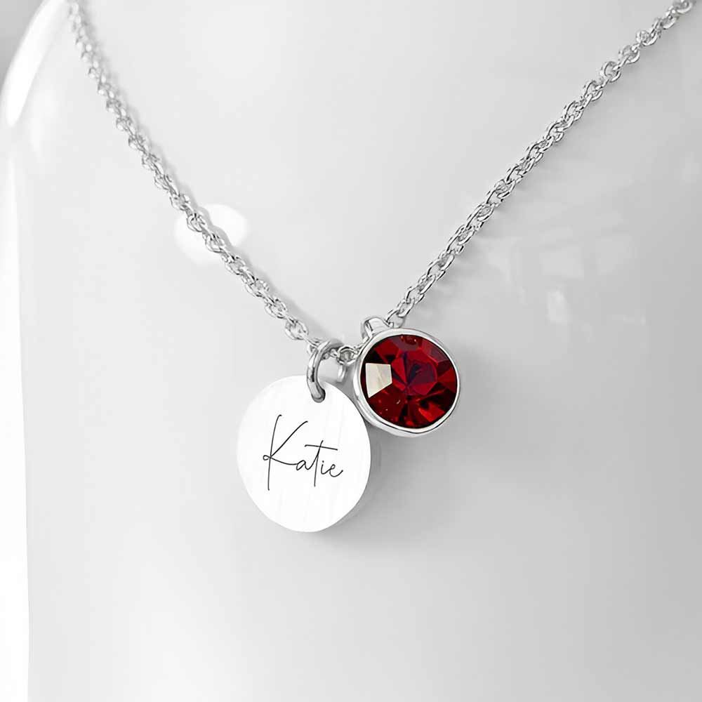 Image of Personalised Silver Birthstone Crystal and Disc Necklace