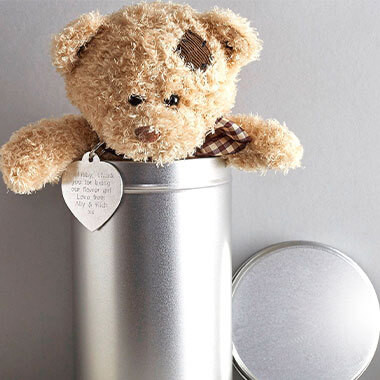 Click to view product details and reviews for Personalised Teddy Bear In A Gift Tin.