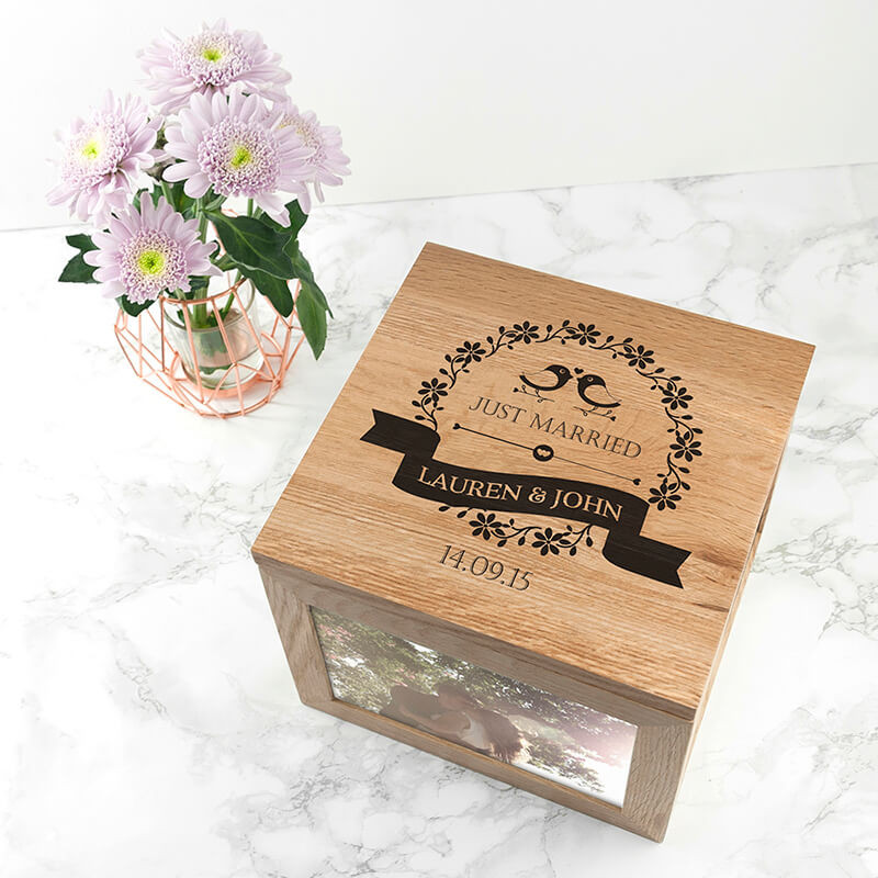 Personalised Love Birds' Oak Photo Keepsake Box