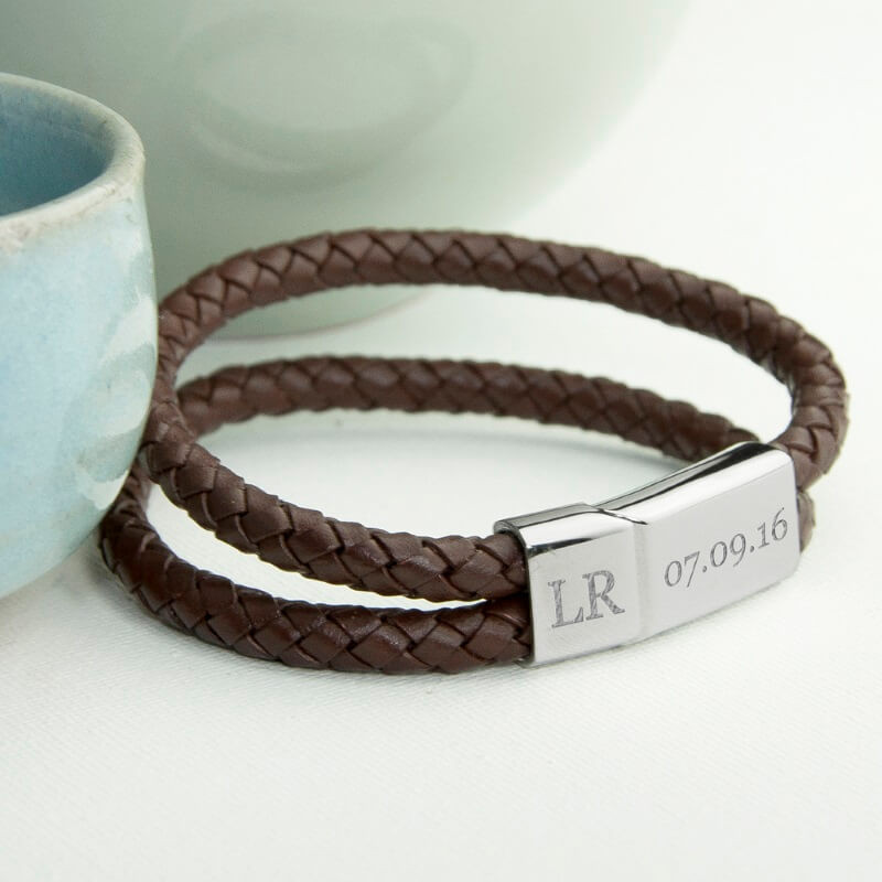 Personalised Men's Dual Leather Woven Bracelet brown