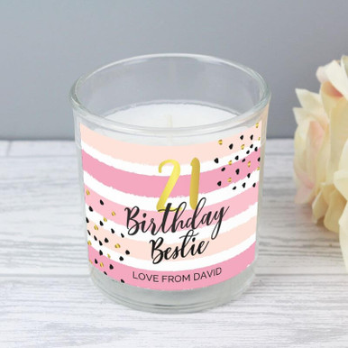 Image of Personalised Birthday Gold and Pink Stripe Scented Jar Candle