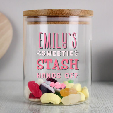 Click to view product details and reviews for Personalised Sweetie Stash Glass Jar With Bamboo Lid.