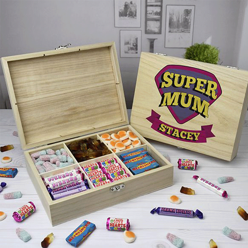 Personalised Super Mum 6 Compartment Wooden Sweet Box