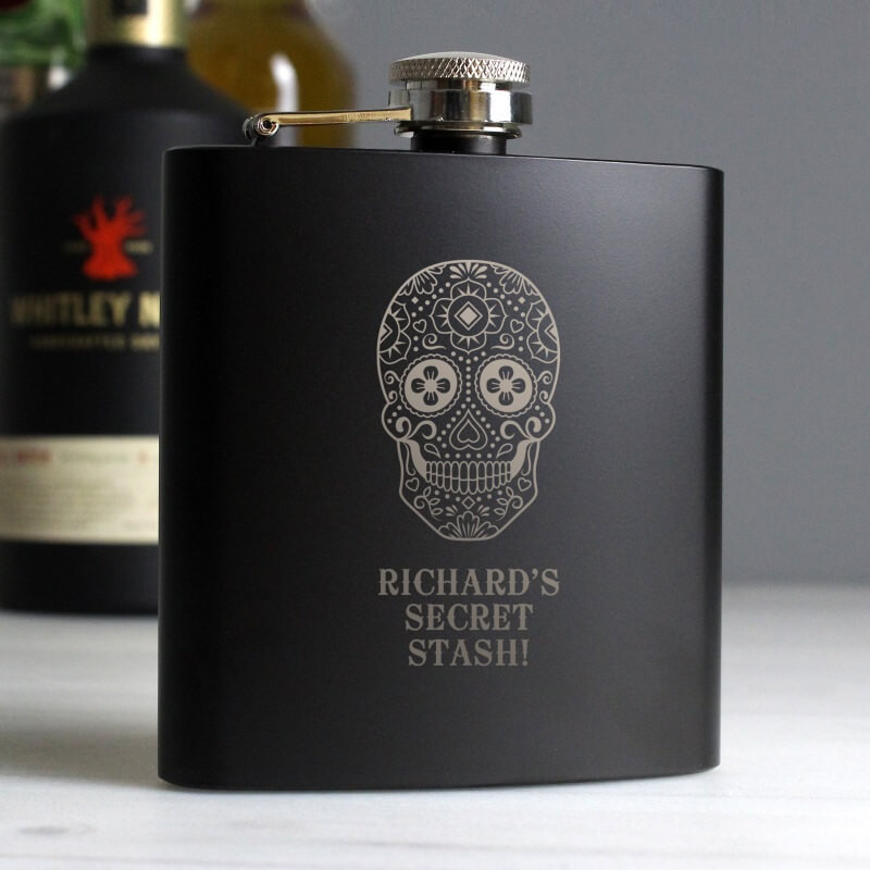 Personalised Sugar Skull Black Hip Flask