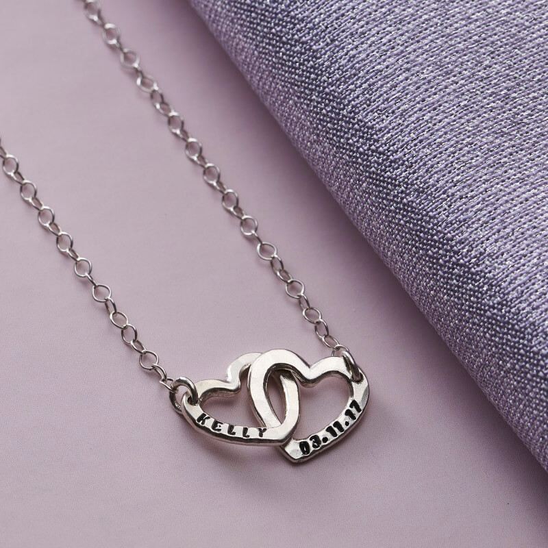 Personalised Double Heart Names Silver Necklace