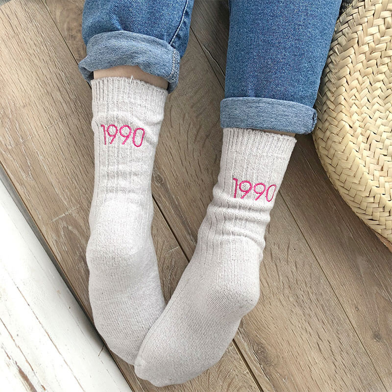 Personalised Embroidered Birthday Year Snug Socks grey