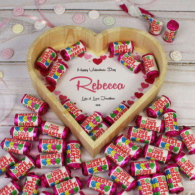 Click to view product details and reviews for Personalised Heart Tray Filled With Love Heart Sweets.
