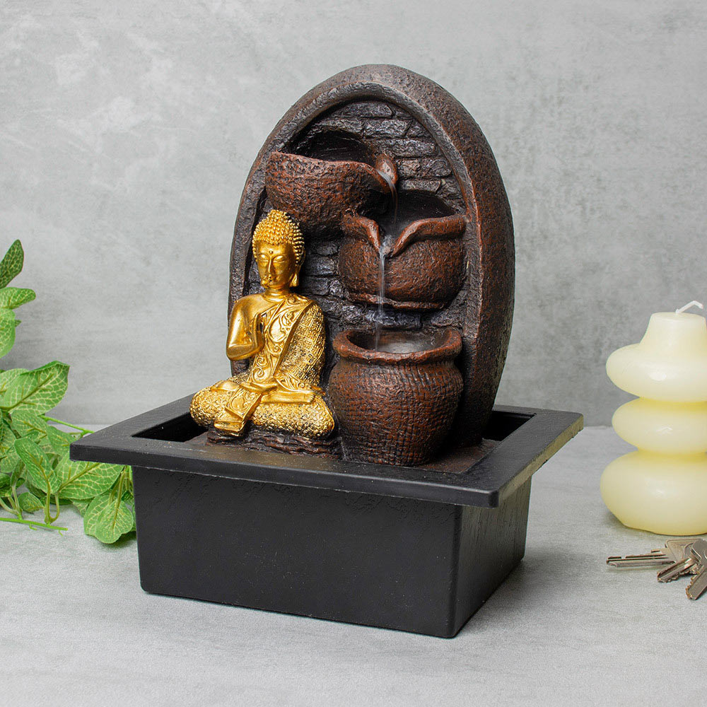 Golden Buddha Tabletop Water Fountain with Cascading Bowls