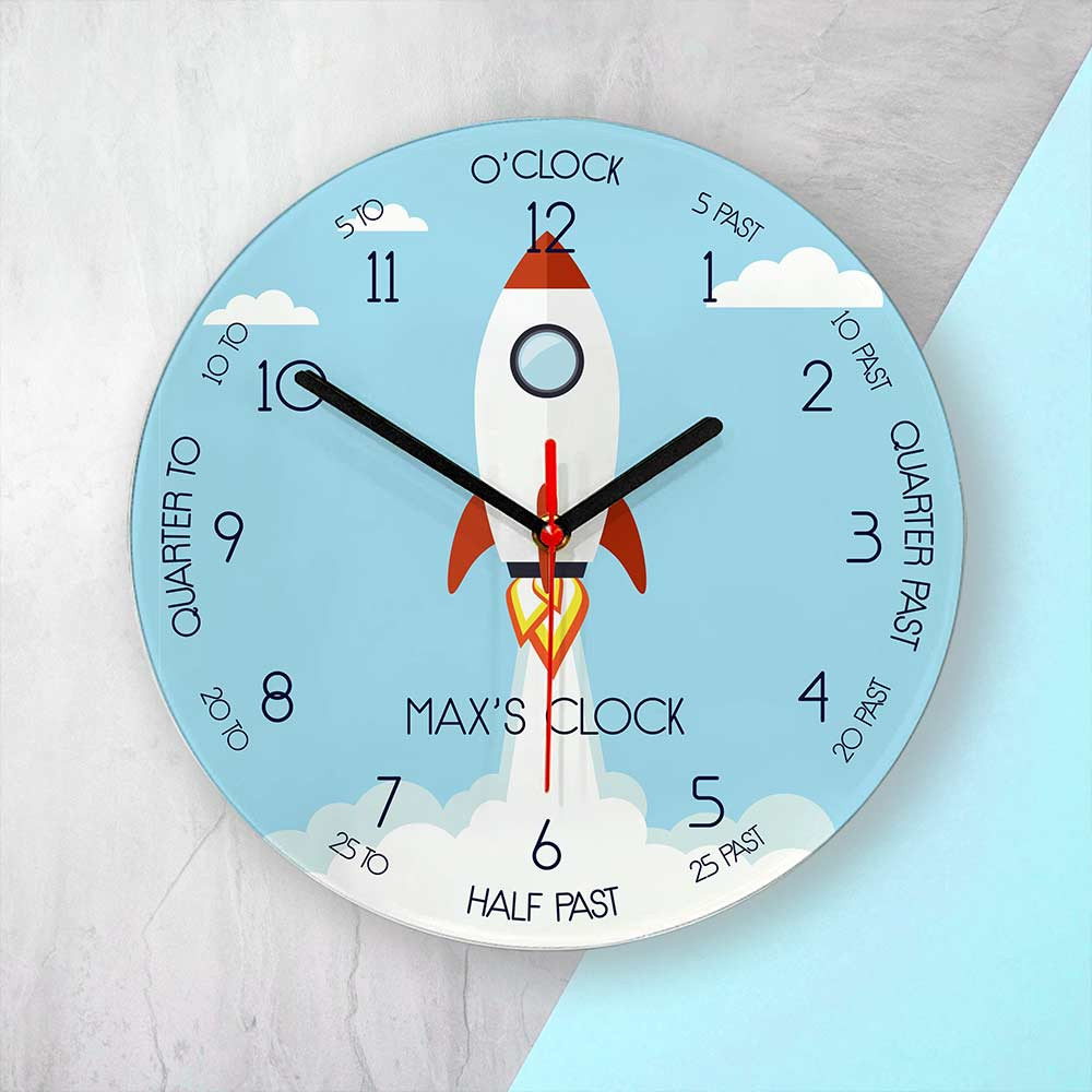 Personalised Kids Rocket Glass Wall Clock