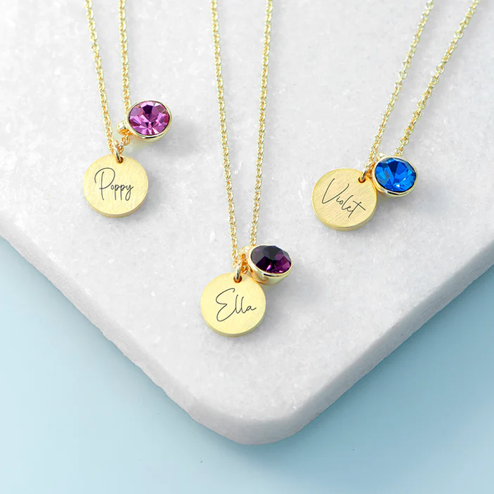 Personalised Gold Birthstone Crystal and Disc Necklace