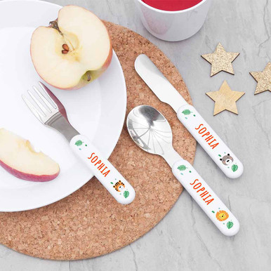 Click to view product details and reviews for Personalised Metal Kids Jungle Animal Cutlery Set.