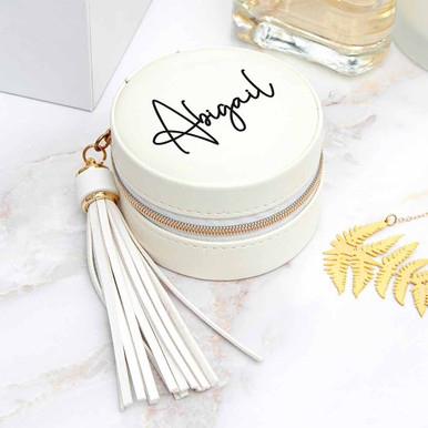 Click to view product details and reviews for Personalised White Travel Jewellery Case With Tassel.