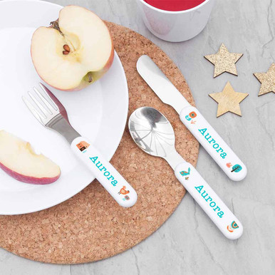 Click to view product details and reviews for Personalised Childrens Scandi Summer Metal Cutlery Set.