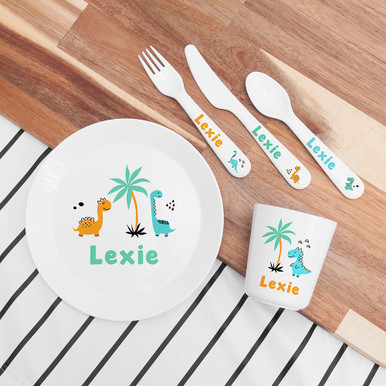 Click to view product details and reviews for Personalised Kids Cute Dinosaur Plastic Dining Set.
