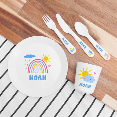 Click to view product details and reviews for Personalised Kids Pastel Sky Plastic Dining Set.