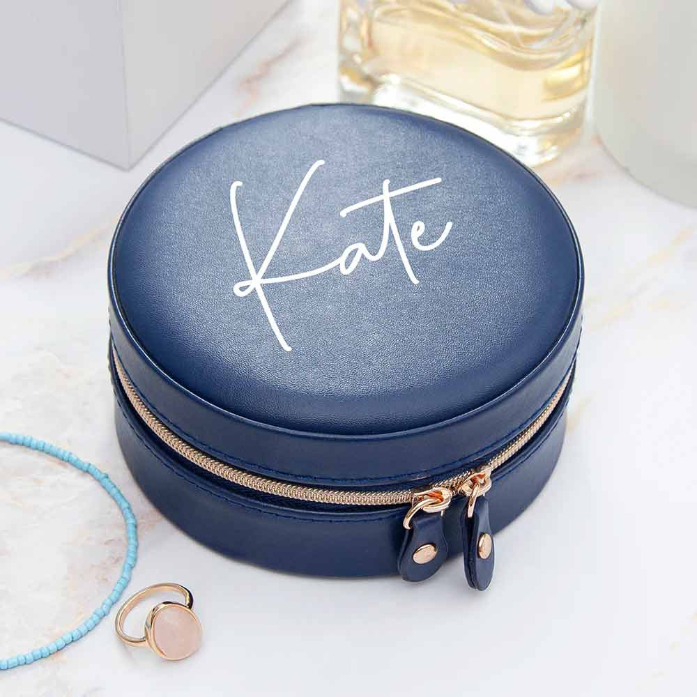 Personalised Round Travel Jewellery Case - Navy Blue