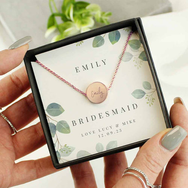 Click to view product details and reviews for Personalised Bridesmaid Rose Gold Tone Necklace And Box.