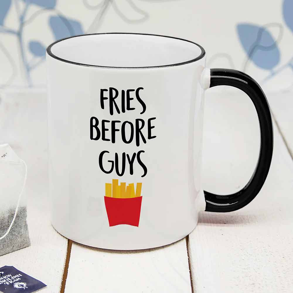 Personalised Fries Before Guys Black Rimmed Mug