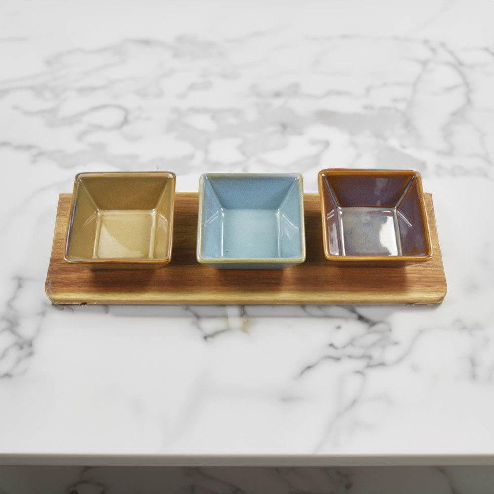 Square Snack Dishes & Wood Tray - Set of 3