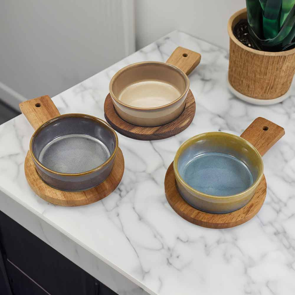 Round Snack Dishes & Wood Tray - Set of 3