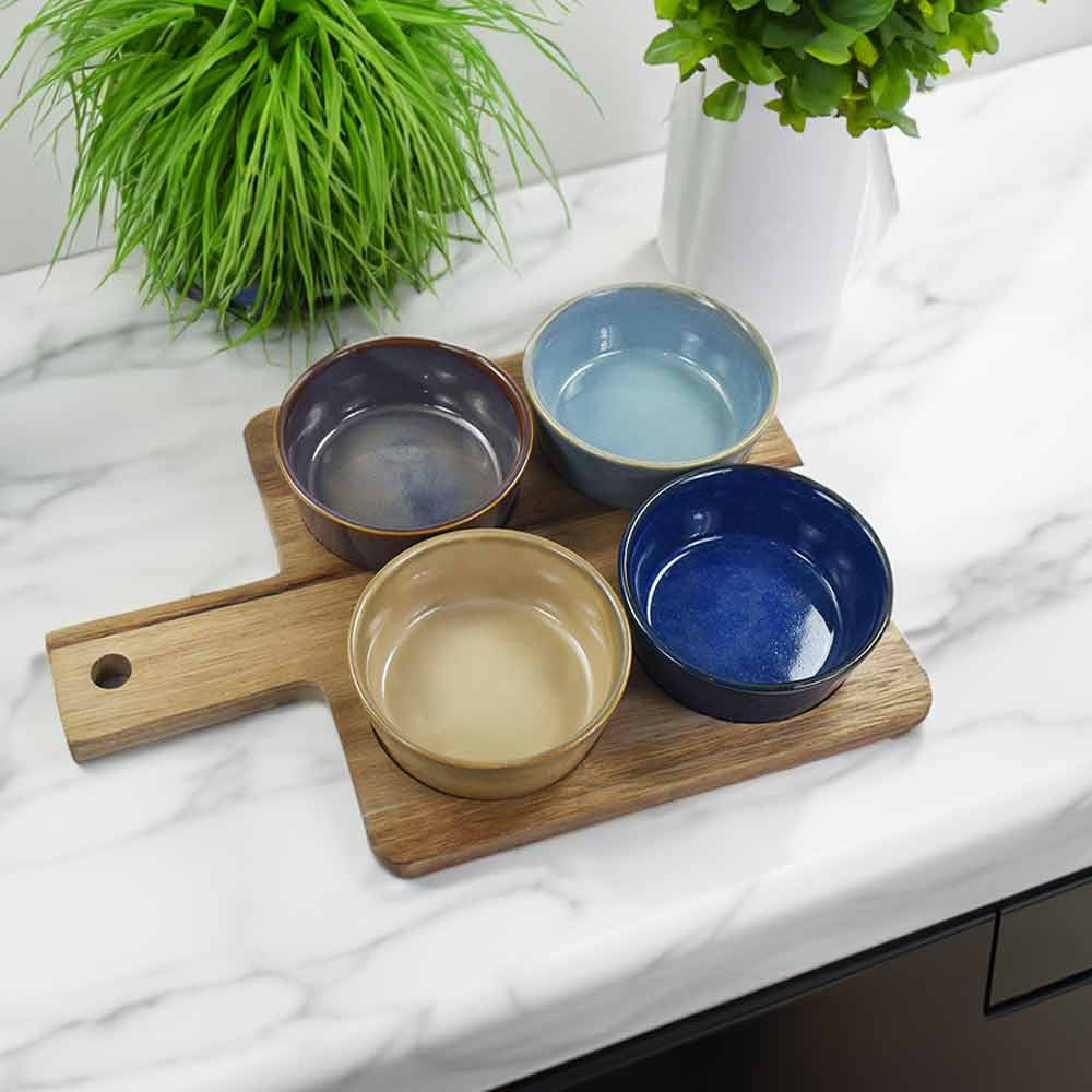 Round Snack Dishes & Wood Tray - Set of 4