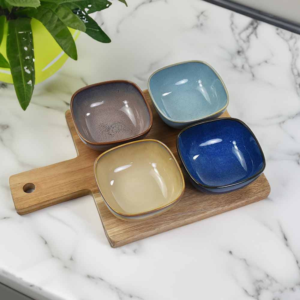 Square Snack Dishes & Wood Tray - Set of 4