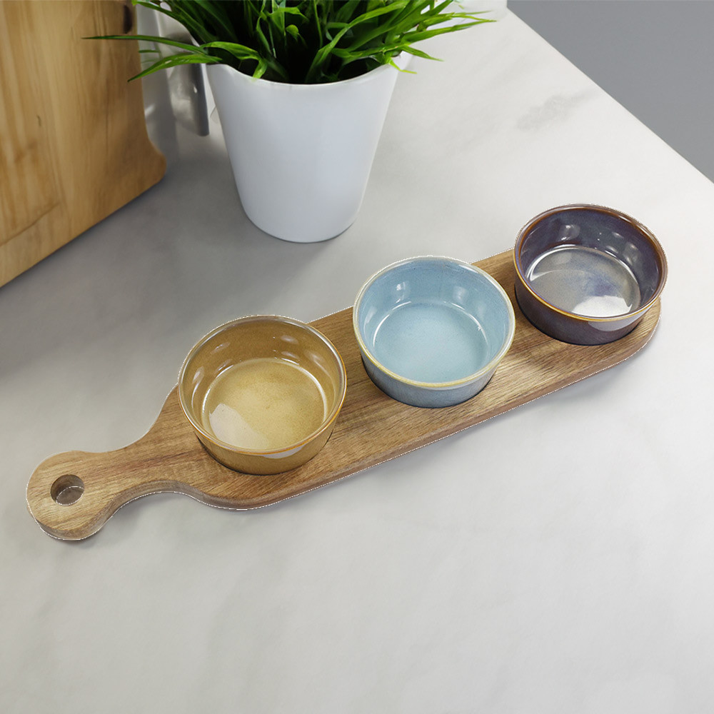 Snack Dishes & Wood Tray Set Of 3 Round Plank