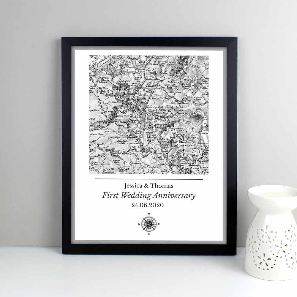 Personalised Anniversary Old Series Map Framed Print - Black and White