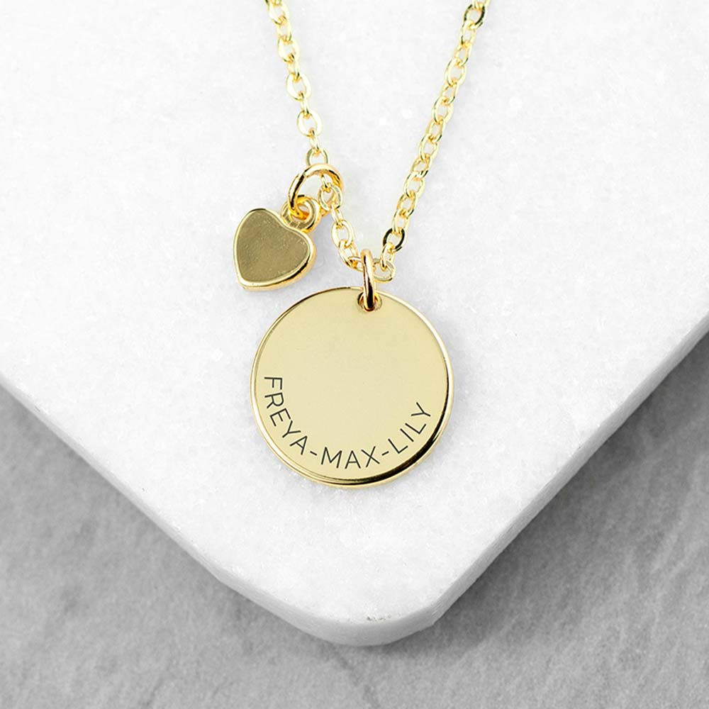 Personalised Polished Heart and Disc Necklace - Gold