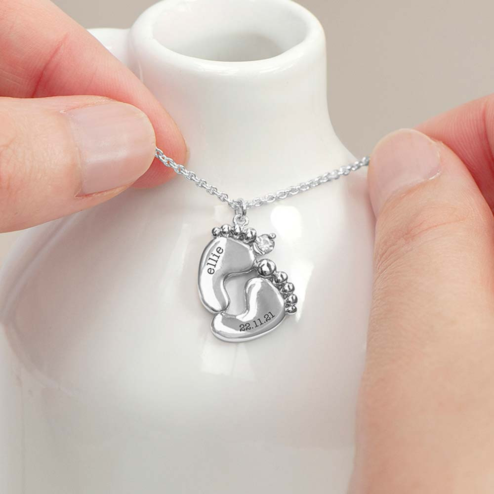 Personalised Baby Feet Matte Heart & Disc Necklace - Silver