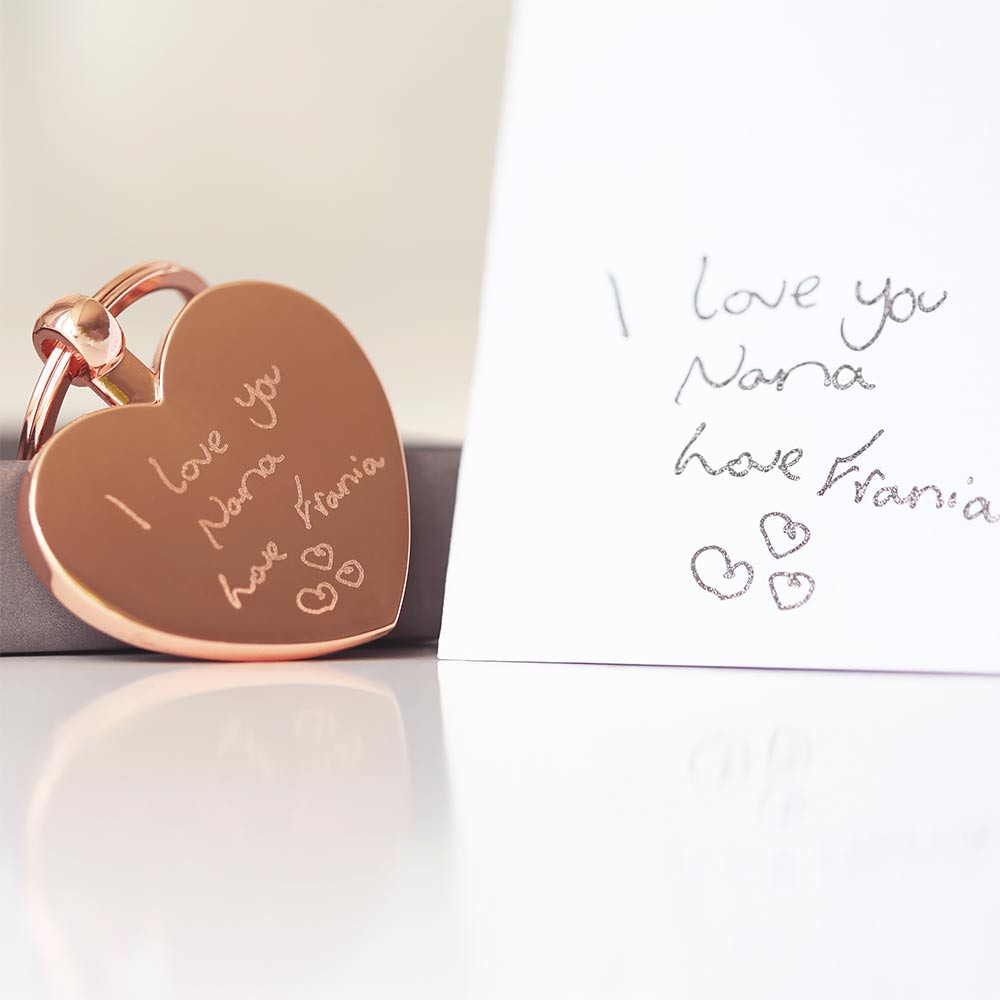 Personalised Rose Gold Heart Keychain - Handwriting Engraved