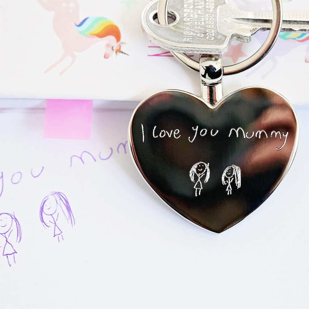 Personalised Silver Heart Keychain - Handwriting Engraved