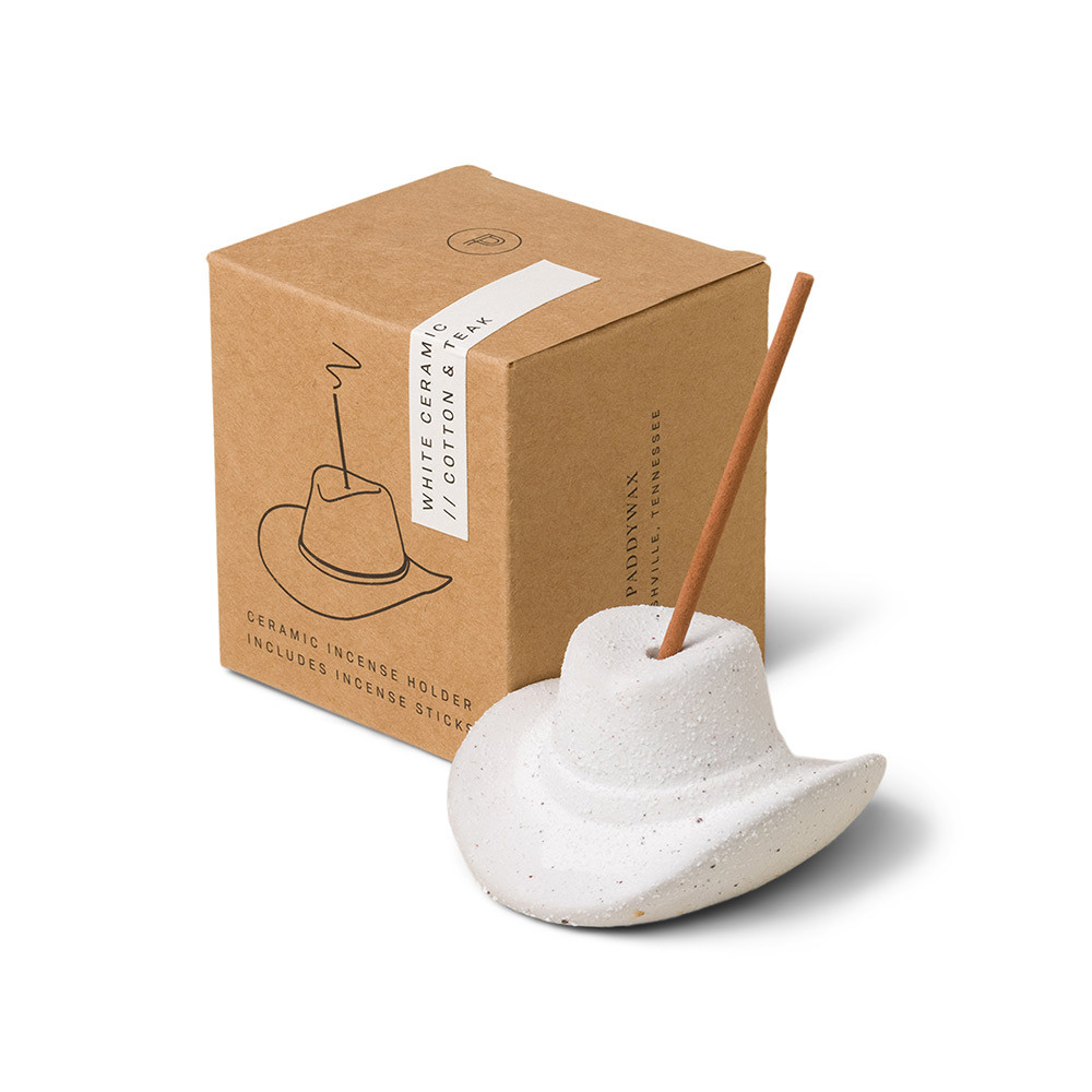 Cowboy Hat Cotton & Teak Incense Sticks Holder - White