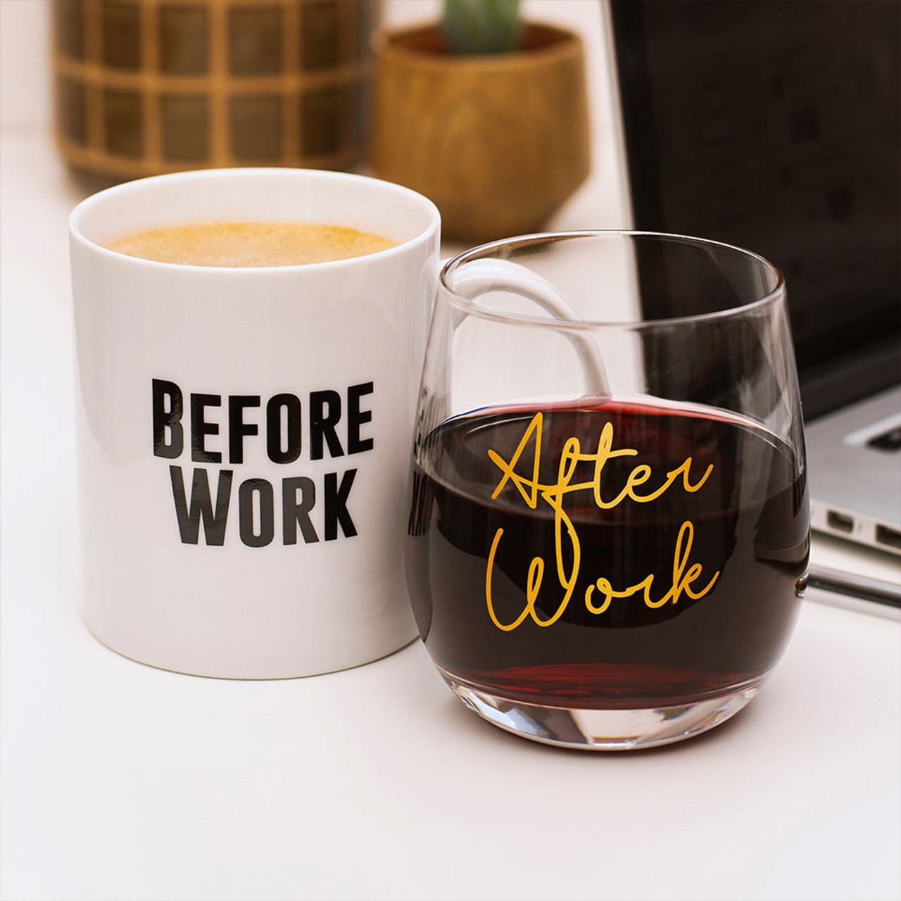Before and After Work Mug Wine Glass Set