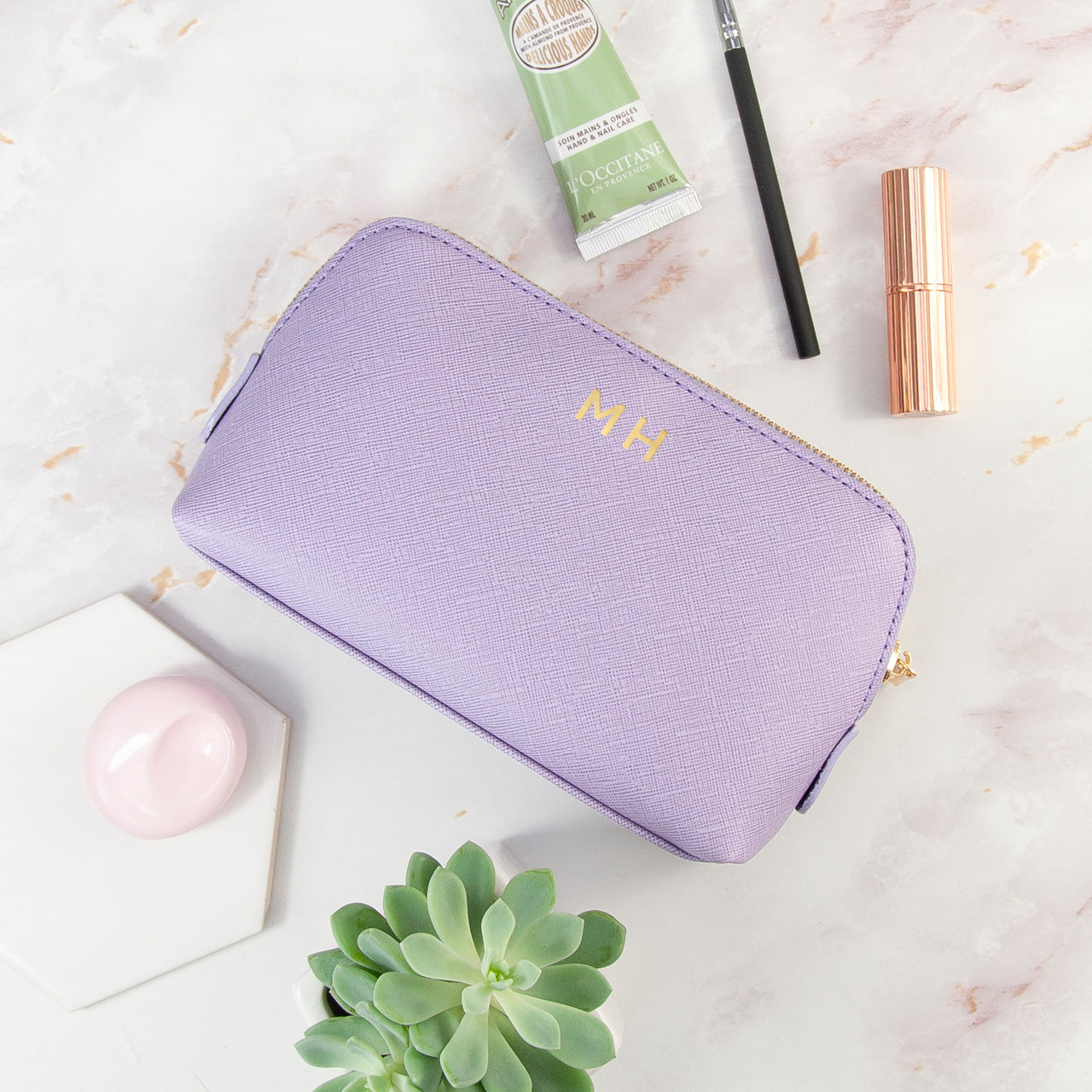 Personalised Monogrammed Leather Makeup Bag - Lilac